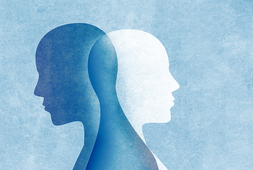 illustration of blue silhouette looking down and white silhouette looking straight ahead